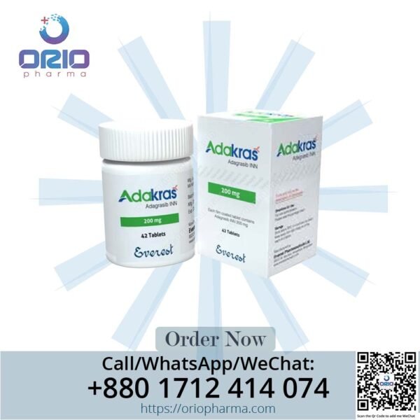 Adakras 200 mg (Adagrasib) bottle by Everest Pharmaceuticals Ltd., used for targeted therapy in KRAS G12C-mutated non-small cell lung cancer (NSCLC), supplied by Onco Solution.