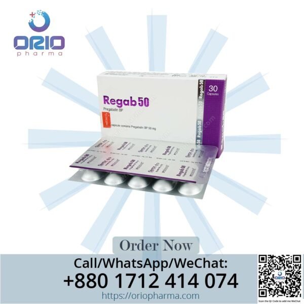 Regab 50 mg Pregabalin Capsules by Beacon Pharmaceuticals for neuropathic pain and seizures Orio Pharma