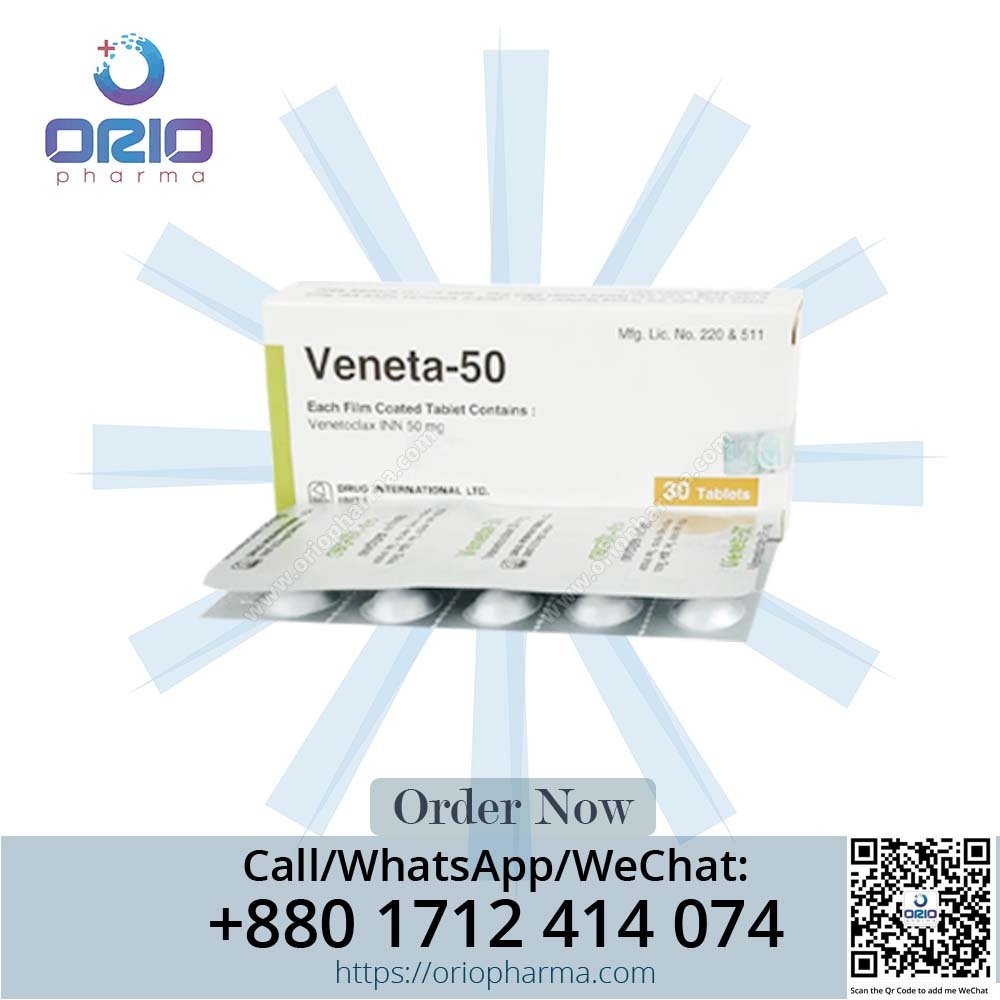 Veneta 50 mg (Venetoclax) Tablets packaging – A leukemia treatment from Orio Pharma.