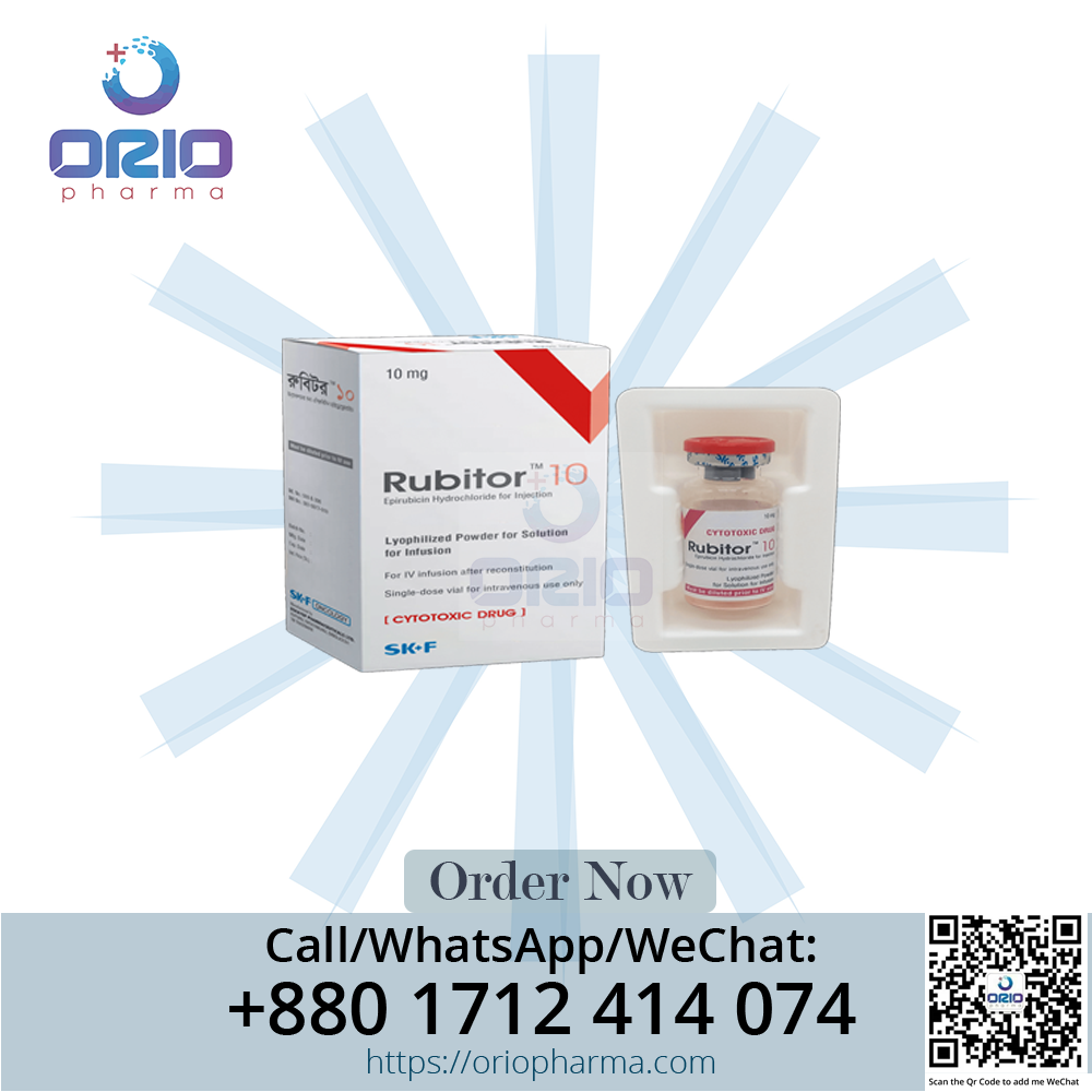 Rubitor 10 mg (Epirubicin) Injection vial by Eskayef Pharmaceuticals - specialized anthracycline chemotherapy for breast cancer treatment
