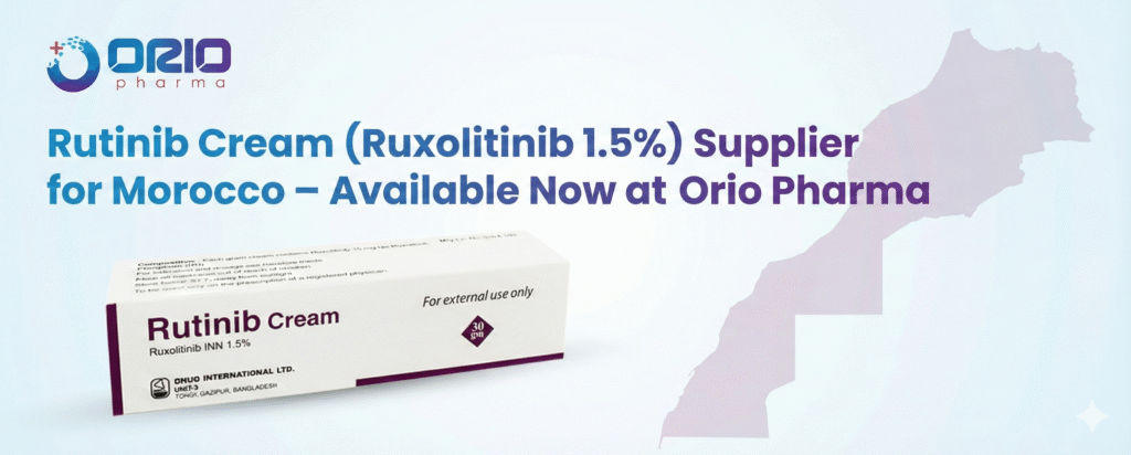 Rutinib Cream (Ruxolitinib 1.5%) box and Orio Pharma logo, illustrating a trusted supplier of the medication for patients in Morocco.