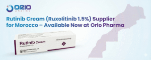 Rutinib Cream (Ruxolitinib 1.5%) box and Orio Pharma logo, illustrating a trusted supplier of the medication for patients in Morocco.