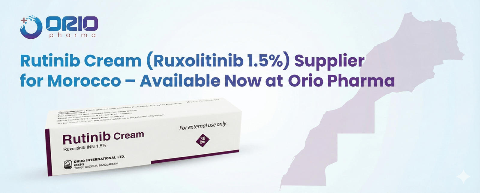 Rutinib Cream (Ruxolitinib 1.5%) box and Orio Pharma logo, illustrating a trusted supplier of the medication for patients in Morocco.